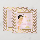 Invitation Baby Shower Fille Rose Or Chevron Brunette (Devant / Derrière)