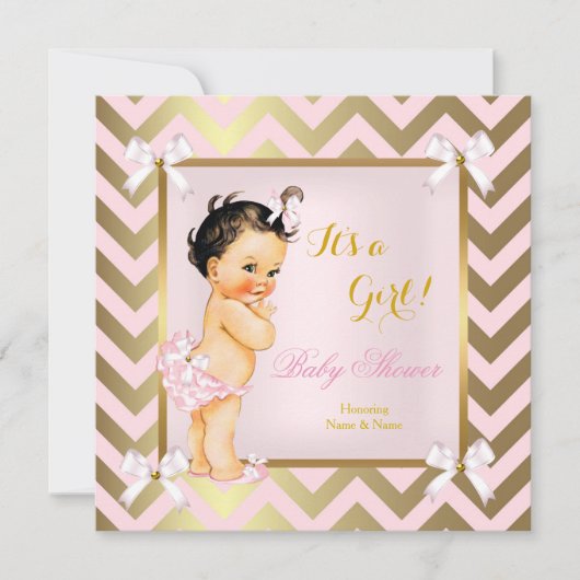Invitation Baby Shower Fille Rose Or Chevron Brunette (Devant)