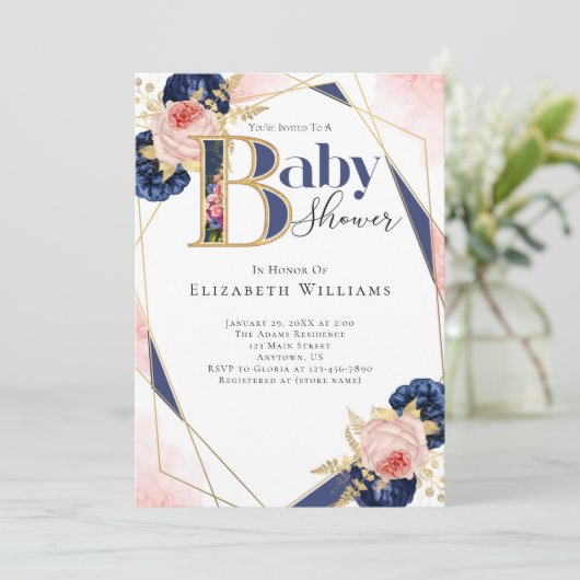 Invitation Baby shower Fille Rose or Marine Blue Flower (Debout devant)