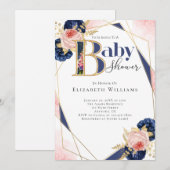 Invitation Baby shower Fille Rose or Marine Blue Flower (Devant / Derrière)