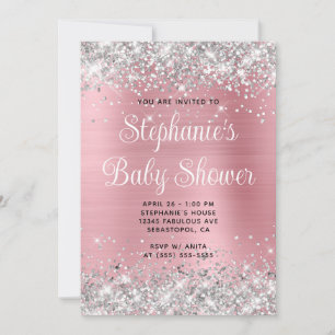 Invitation Baby Shower Fille Rose Pailleté Argent Registre en