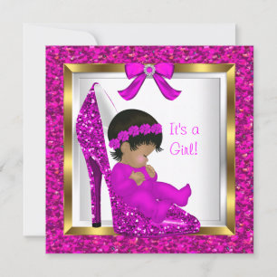 Invitation Baby Shower Fille Rose Pailletée Bébé dans Chaussu