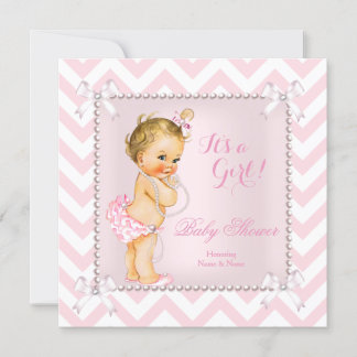 Invitation Baby Shower Fille Rose Perle Blanche Chevron Blond