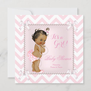 Invitation Baby Shower Fille Rose Perle Blanche Chevron Ethni