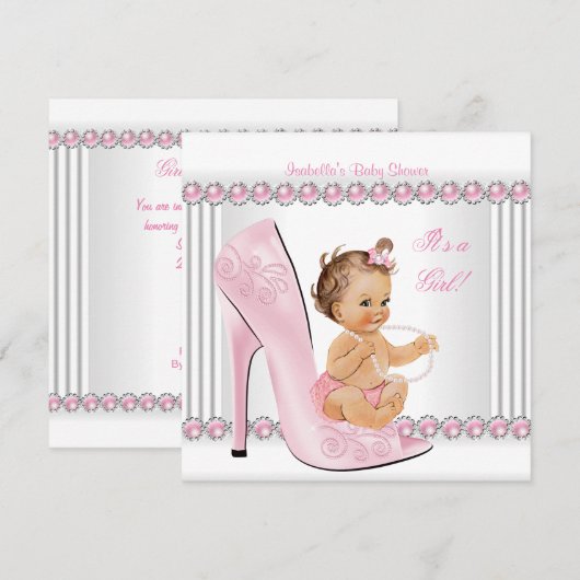 Invitation Baby shower fille rose perle haute talon chaussure (Devant / Derrière)