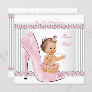 Invitation Baby shower fille rose perle haute talon chaussure