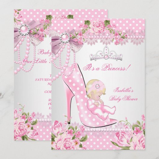 Invitation Baby shower fille rose Pois hauts talons B (Devant / Derrière)