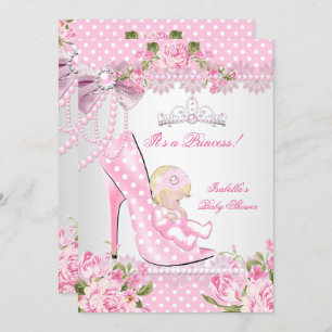 Invitation Baby shower fille rose Pois hauts talons B