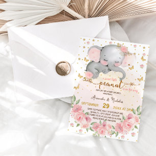 Invitation Baby Shower Fille Rose Poudré Éléphant Botanique