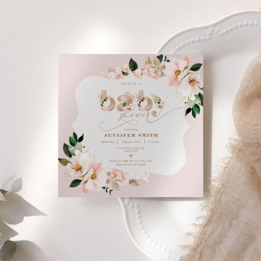 Invitation Baby shower fille rose poudré floral or foilé