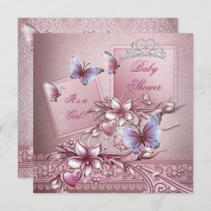 Invitation Baby shower fille rose princesse papillon