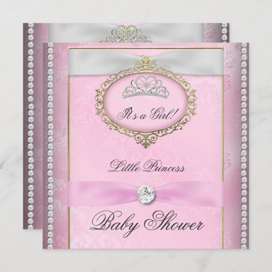 Invitation Baby shower fille rose princesse Tiara Diamond (Devant / Derrière)