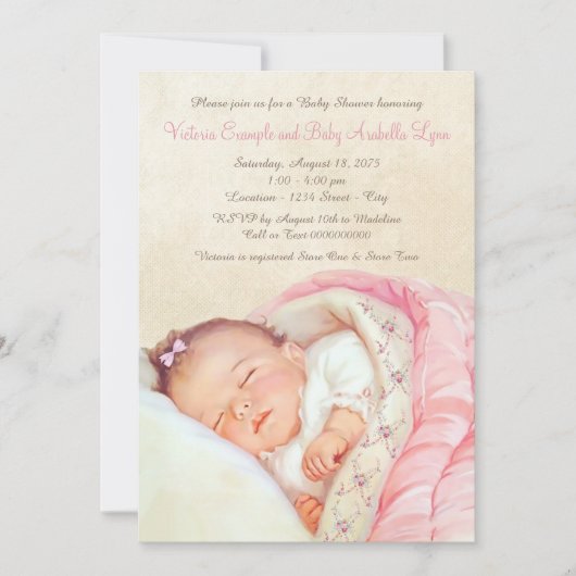 Invitation Baby Shower Fille Rose Rétro (Devant)
