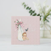 Invitation Baby Shower Fille Rose Rétro (Debout devant)