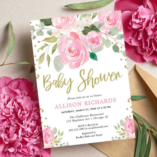 Invitation Baby shower fille rose rose et or