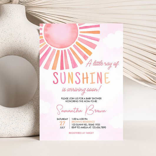 Invitation Baby Shower Fille Rose Un Petit Rayon de Soleil