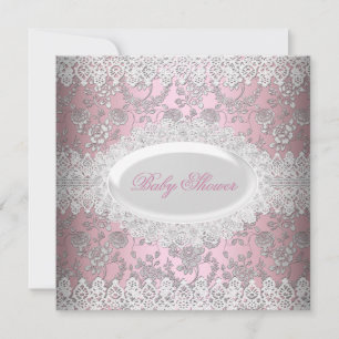Invitation Baby Shower Fille Rose Vintage Broderie Damassée