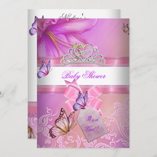 Invitation Baby shower fille rose violet princesse papillon 2 (Devant / Derrière)