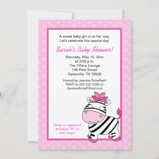 Invitation Baby shower fille rose Zebra (Devant)