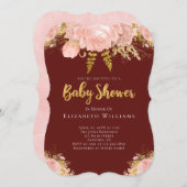Invitation Baby shower Fille Rosée Rose Or Bourgogne Fleur (Devant / Derrière)