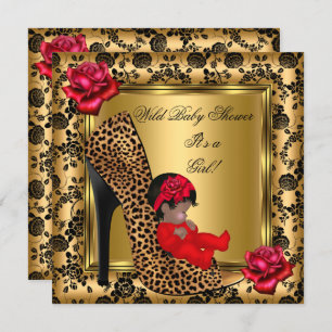 Invitation Baby shower fille Roses rouges Léopard sauvage or 