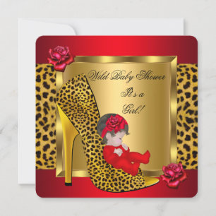 Invitation Baby Shower Fille Roses Rouges Or Léopard Sauvage