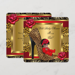 Invitation Baby Shower Fille Roses Rouges Or Léopard Sauvage