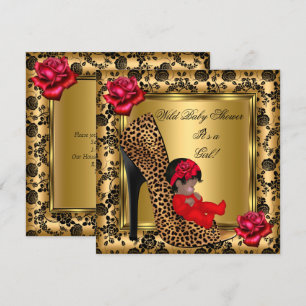 Invitation Baby Shower Fille Roses Rouges Or Léopard Sauvage 