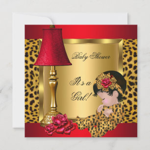 Invitation Baby Shower Fille Roses Rouges Or Lion Léopard