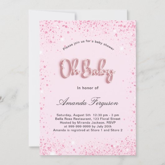Invitation Baby shower fille rousse parties scintillant rose (Devant)