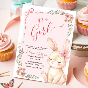 Invitation Baby Shower Fille Ruban Rose Gingham Fleur Sauvage