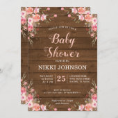 Invitation Baby Shower Fille Rustique Bois Floral Chic Campag (Devant / Derrière)