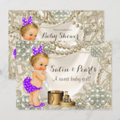 Invitation Baby Shower Fille Satin Perle Violet (Devant / Derrière)