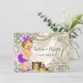 Invitation Baby Shower Fille Satin Perle Violet (Debout devant)