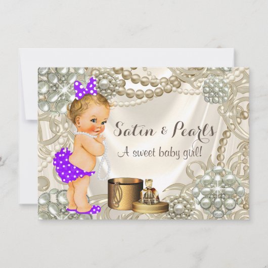 Invitation Baby Shower Fille Satin Perle Violet (Devant)