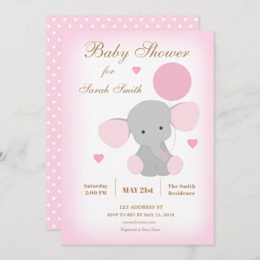 Invitation Baby shower fille saupoudrer l'invitation éléphant (Devant / Derrière)