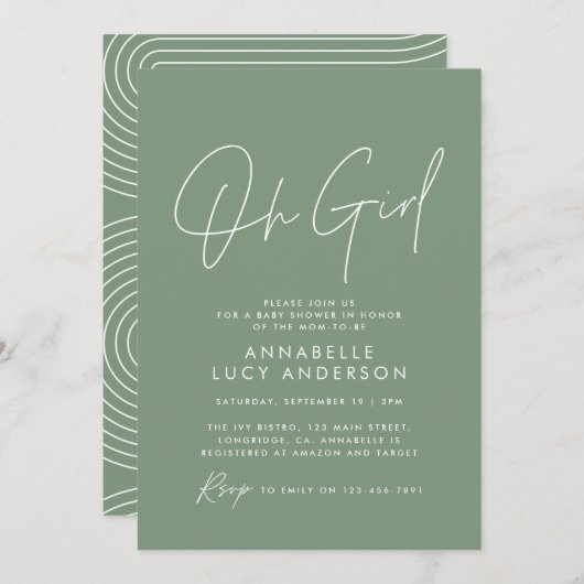 Invitation Baby shower fille script moderne sauge vert élégan (Devant / Derrière)