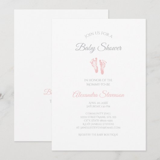 Invitation Baby shower Fille Simple Precious Empreintes roses (Devant / Derrière)