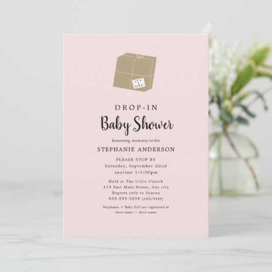 Invitation Baby shower fille simple rose DROP-IN (Debout devant)