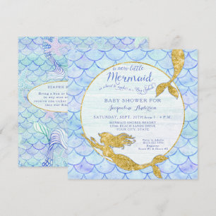 Invitation Baby shower fille sirène aquarelle échelles en or