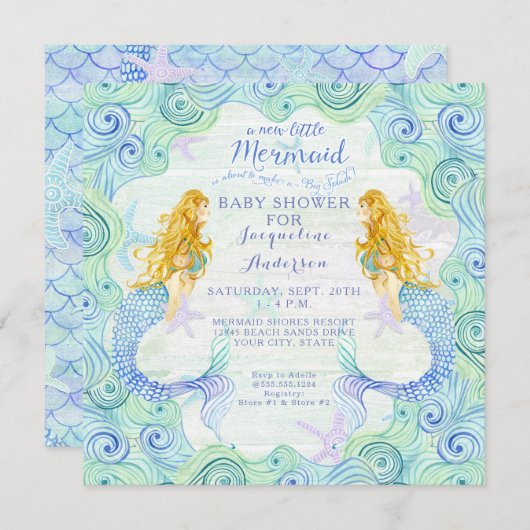 Invitation Baby shower fille sirène aquarelle Waves Wood Art (Devant / Derrière)