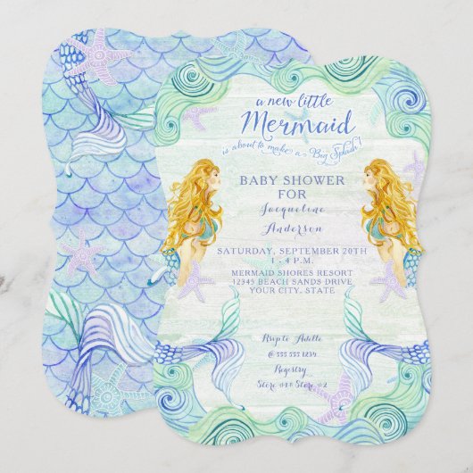 Invitation Baby shower fille sirène aquarelle Waves Wood Art (Devant / Derrière)