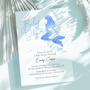 Invitation Baby Shower Fille Sirène Bleue Aquarelle Simple