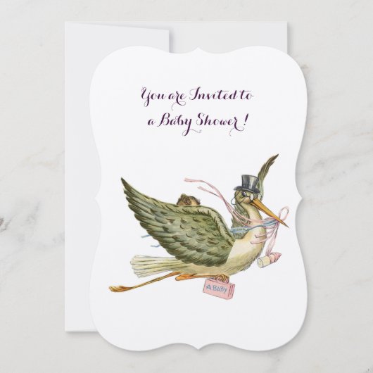 Invitation BABY SHOWER FILLE STORK, métal argenté (Devant)