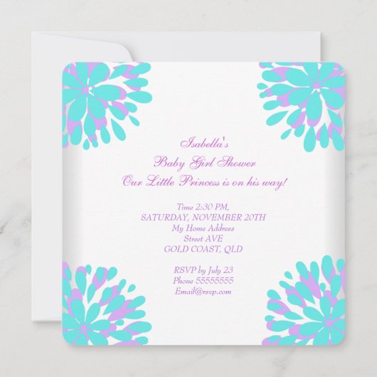 Invitation Baby shower Fille Sweet Bébé Turquoise pourpre Our (Dos)