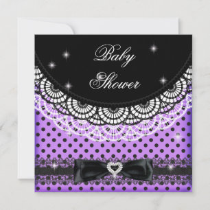 Invitation Baby Shower Fille Taches de Pois Fête Violet Noir