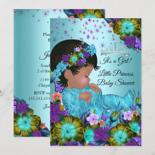 Invitation Baby Shower Fille Teal Bleu Violet Floral Ethnique
