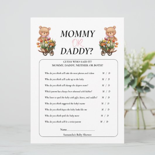 Invitation Baby shower Fille Teddy Maman Papa Floral Rustique (Debout devant)