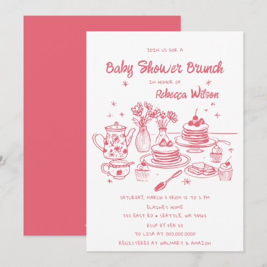 Invitation Baby shower Fille Tiré À La Main Rose Whimsical Br (Devant / Derrière)