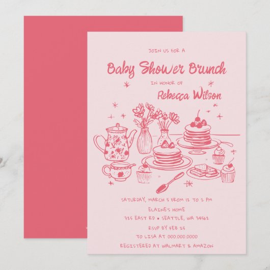 Invitation Baby shower Fille Tiré À La Main Rose Whimsical Br (Devant / Derrière)